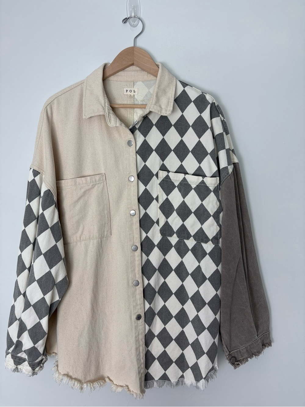 POL Oversized Patchwork Checkered Cotton Shacket Size L